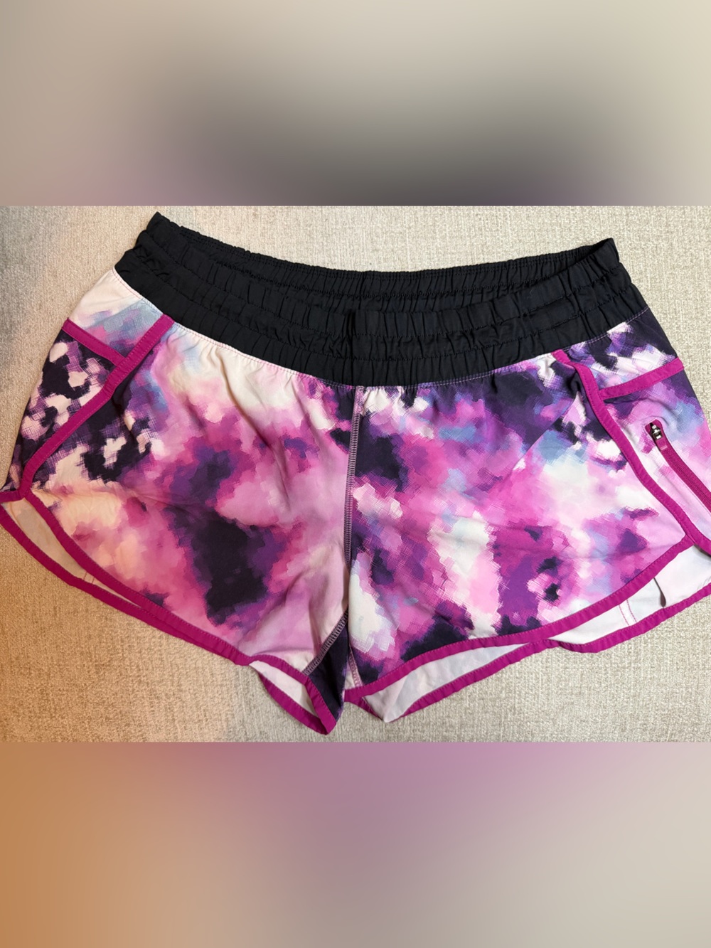 lululemon athletica Pink and Purple Tie-Dye Running Shorts with Black Waistband
